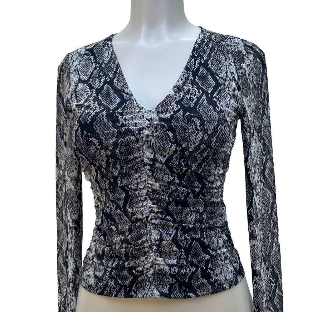Ten Sixty Sherman Long Sleeve Top Small Tan & Black Snakeskin Semi Sheer Ruched